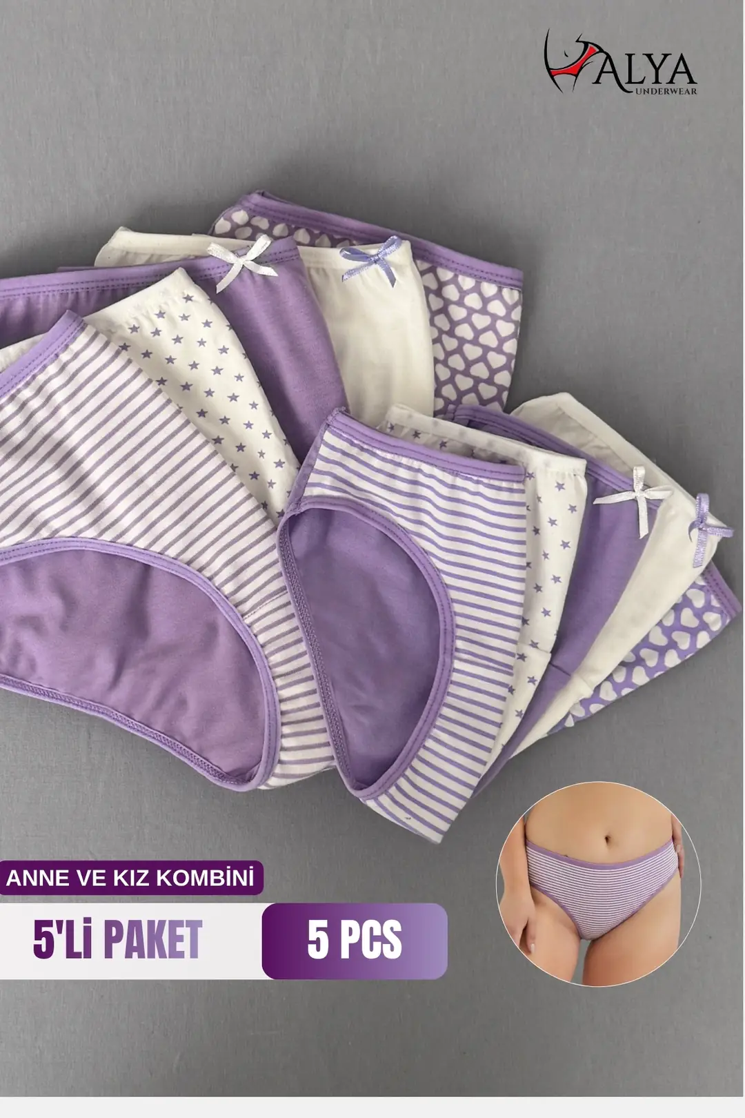 Anne Kız Kombin Bato Kesim Slip Külot - 5'li Paket